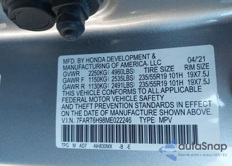 2021 Honda Cr-V Hybrid Touring from USA, damaged, VIN 7FART6H98ME022246